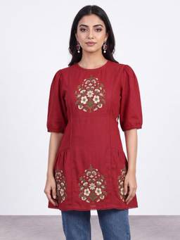 R&B - Women Maroon Embroidered Cotton Blend Tunic