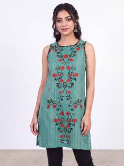 R&B - Women Green Embroidered Pure Cotton Tunic