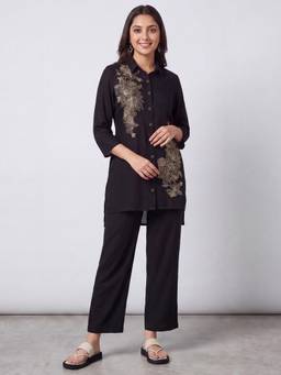 R&B - Women Black Floral Viscose Rayon Shirt with Pant