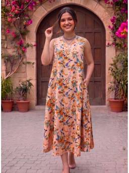 PIMU - Women Peach Floral Rayon Dress