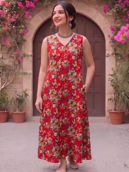 PIMU - Women Red Floral Rayon Dress