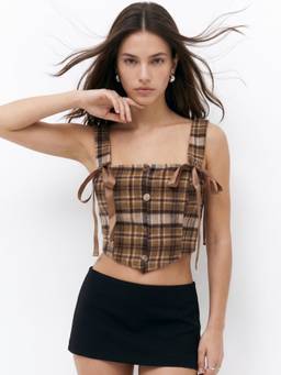Outzidr - Women Brown Checks Polyester Crop Top