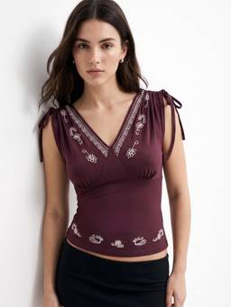 Outzidr - Women Wine Embroidered Polyester Top