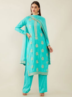 Soch - Teal Silk Unstitched Dress Material ( Set of 3 )