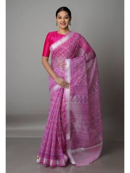 Unnati Silks - Pink Pure Block Printed Kota Cotton Saree with Unstitched Blouse