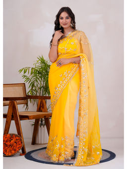 Geroo Luxe - Yellow Shaded Gota Patti Work Chiffon Saree With Unstitched Blouse
