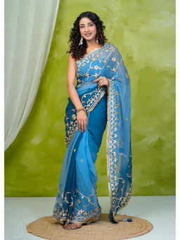 Geroo Jaipur - Navy Blue Shaded Chiffon Saree with Gota Patti Jaal Work with Unstitched Blouse