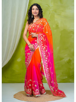 Geroo Jaipur - Orange Shaded Chiffon Saree with Gota Patti Jaal Work with Unstitched Blouse