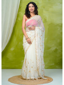 Geroo Jaipur - Off White Chiffon Saree with Gota Patti Jaal Work with Unstitched Blouse