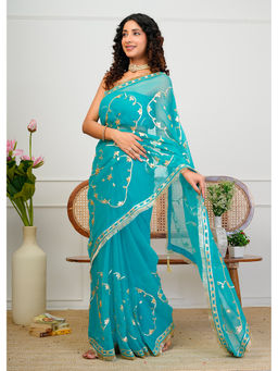 Geroo Jaipur - Blue Chiffon Saree with Gota Patti Jaal Work with Unstitched Blouse