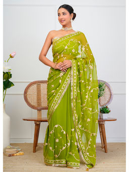 Geroo Jaipur - Green Chiffon Saree with Gota Patti Jaal Work with Unstitched Blouse
