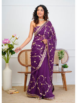 Geroo Jaipur - Purple Chiffon Saree with Gota Patti Jaal Work with Unstitched Blouse