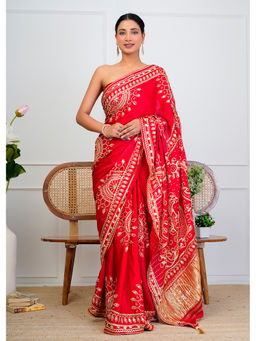 Geroo Jaipur - Red Silk Saree with Gota Patti Jaal Work with Unstitched Blouse