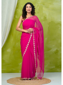 Geroo Jaipur - Pink Chiffon Saree with Gotta Patti with Unstitched Blouse