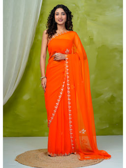 Geroo Jaipur - Orange Chiffon Saree with Gotta Patti with Unstitched Blouse