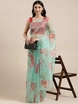 Vastranand - Solid Organza Party Wear Saree With Foil Print Flower Butta- Green with Unstitched Blouse