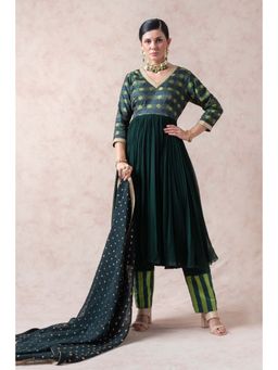THETAA - Tanchoi Silk Green Anarkali with Pant and Dupatta