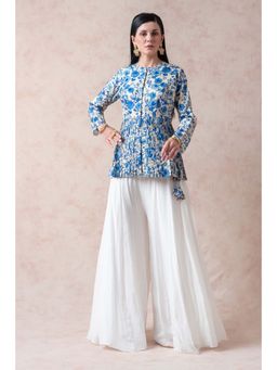 THETAA - Blue Lvy Tussar Silk Pleated Kurti with Sharara and Dupatta