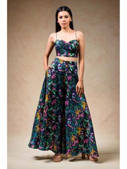 THETAA - Printed Navy Blue Bustier with Sharara and Cape