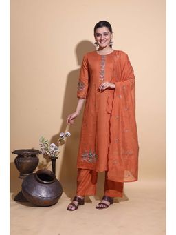 NIKATT - Women Burnt Orange Embroidered Straight Kurta with Pant and Dupatta