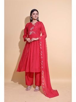 NIKATT - Women Floral Embroidered Ethnic Pink Angrakha Kurta with Pant and Dupatta