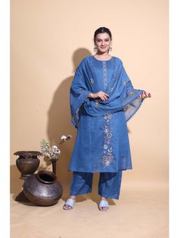NIKATT - Women Floral Embroidered Blue Kurta with Pant and Dupatta