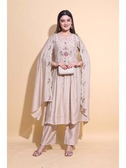NIKATT - Women Floral Embroidered Taupe Anarkali Kurta with Pant and Dupatta