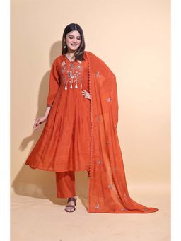 NIKATT - Women Embroidered Rust Anarkali Kurta with Pant and Dupatta