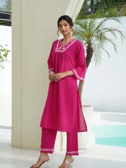 House of Chikankari - Pink Cotton Slub Chikankari Kurta with Pant