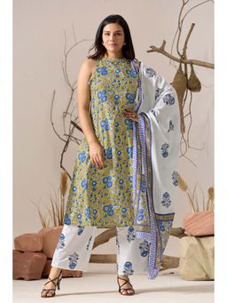 NIKATT - Women Multi-Color Floral Block Printed Sleeveless Kurta with Pant and Dupatta