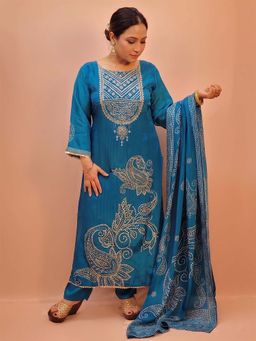 SAKSHI- The Wedding Store - Blue Silk Party Wear Kurta with Pant and Dupatta