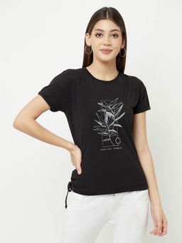 CRIMSOUNE CLUB - Women Black Printed Round Neck T-Shirt with Knot Detail