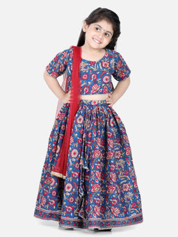 AWW HUNNIE - Jaipuri Print Choli Lehenga with Net Dupatta Blue & Maroon (Set of 3)