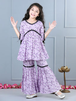 AWW HUNNIE - Cotton Print Full Sleeves Top with Sharara Mauve (Set of 2)