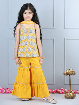 AWW HUNNIE - Jaipur Cotton Print Stright Kurta Sharara with Dupatta Mustard (Set of 3)