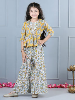 AWW HUNNIE - Cotton Print Crop Top with Sharara & Shrug Yellow (Set of 3)