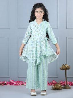 AWW HUNNIE - Cotton Printed Angrakha Kurti with Palazzo Green (Set of 2)