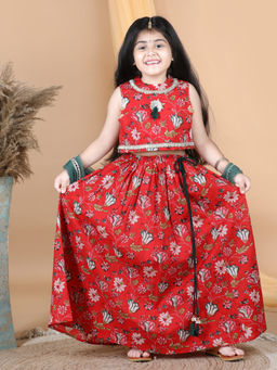 AWW HUNNIE - Floral Print Lehenga Choli with Dupatta Red (Set of 3)