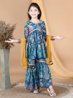 AWW HUNNIE - Printed Kurta with Sharara & Net Dupatta Navy Blue (Set of 3)