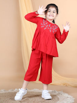 AWW HUNNIE - Ryon Blue Embrodery Yog Kurta with Culottes Co-Ord Red (Set of 2)