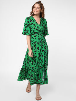 R&B - Women Printed Green Wrap Dress