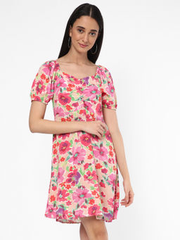 R&B - Women Floral Printed Peach A-Line Dress