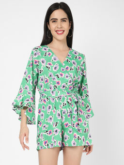 R&B - Women Floral Printed Green Flared Dress