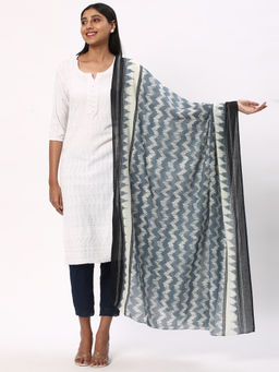 R&B - Navy Blue Cotton Ikat Printed Dupatta