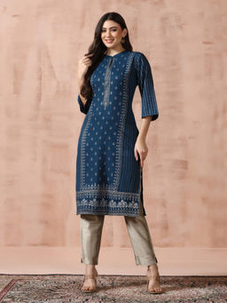 Shree - Liva Blue Ethnic Print Kurta