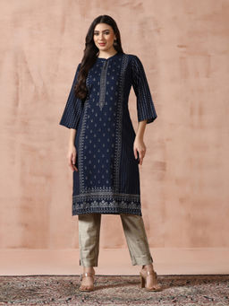 Shree - Liva Navy Blue Ethnic Print Kurta