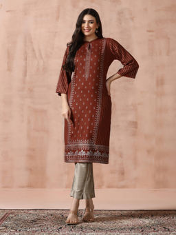 Shree - Liva Rust Ethnic Print Kurta