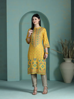 Shree - Liva Mustard Ethnic Print Kurta