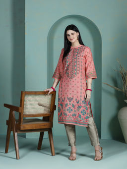 Shree - Liva Peach Ethnic Print Kurta