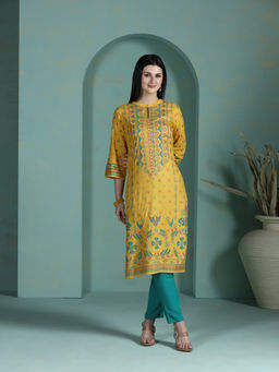 Shree - Liva Yellow Ethnic Print Kurta